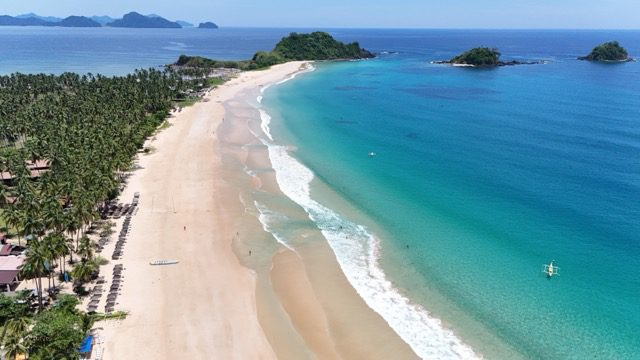 Aerial view of Nacpan Beach, a long curve of sand lined with coconut palms